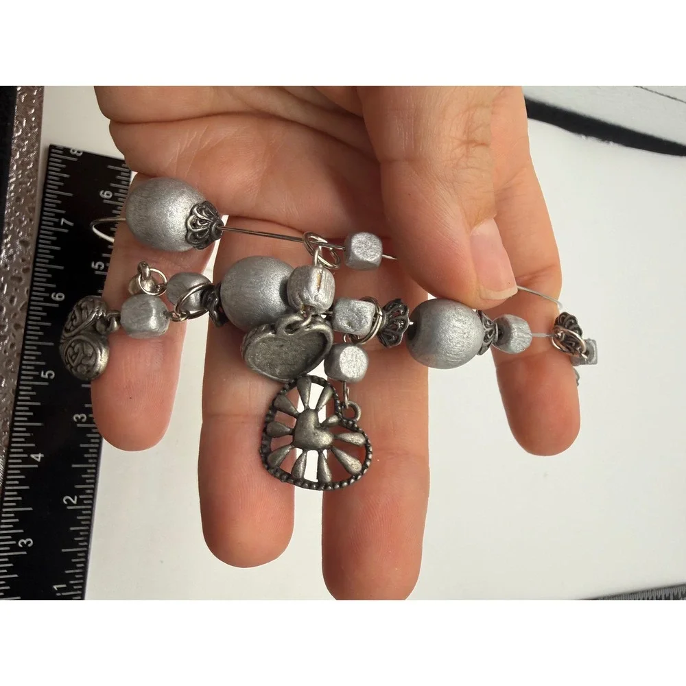Silver‎ Tone Heart Charm Memory Wire Wrap Bracelet Vintage Style Boho Beaded